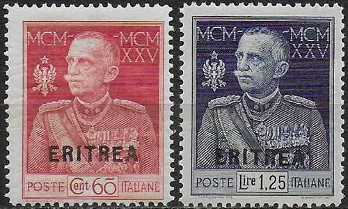 1925-26 Eritrea VE III Jubilee p.13,5 MNH Sassone n. 99+101