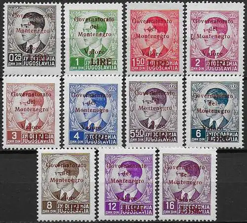 1942 Montenegro carmine overprint 10v. MNH Sassone n. 49/59