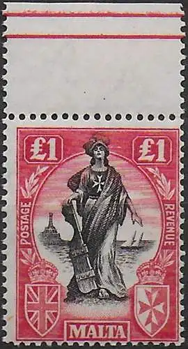 1925 Malta £1 black and bright carmin bf MNH SG n. 140