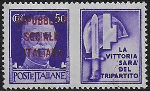 1944 Repubblica Sociale War propaganda 50c. VR bruno MNH Sassone n. 36F