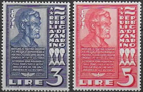 1938 San Marino Abraham Lincoln 2v. MNH Sassone n. 211/12