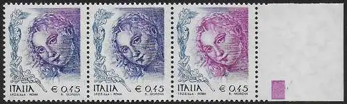 2004 Italia Woman in Art 45c. darkest violet strip of three MNH Sassone n. 2726A+