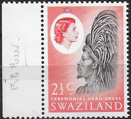 1962 Swaziland Head-dress 2½c. black vermilion Wmk inverted MNH SG n. 93w