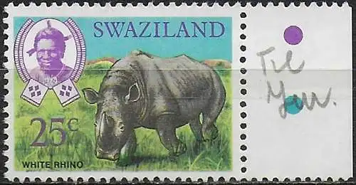 1969 Swaziland King Sobhuza 25c. white rhino Wmk inv. MNH SG n. 172w