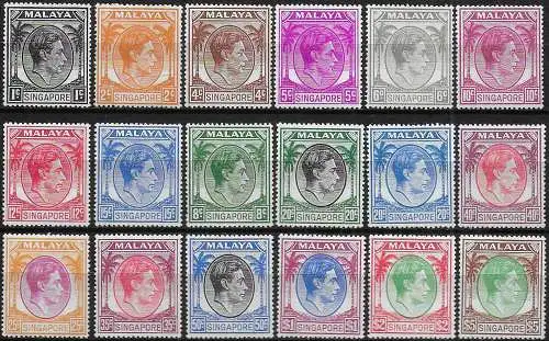 1949-52 Singapore George VI 18v. perf 17½ x 18 MNH SG n. 16/30