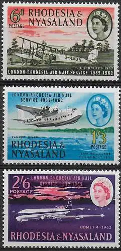 1962 Rhodesia e Nyasaland 30th Airmail Service 3v. MNH SG n. 40/42