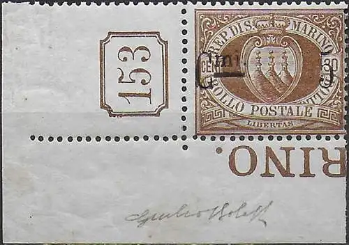 1892 San Marino stemma 5c. on 30c. table number MNH Sassone n. 9