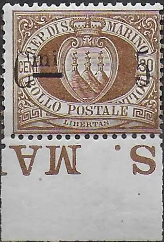 1892 San Marino stemma 5c. on 30c. brown bi MNH Sassone n. 9