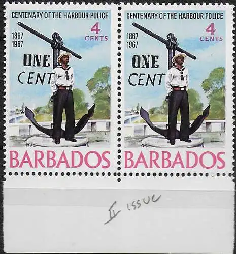 1969 Barbados Harbour Police 1c on 4c. variety MNH SG n. 392b+392