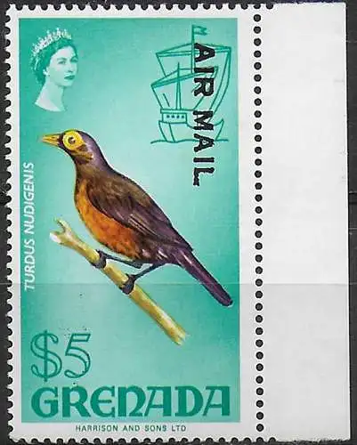 1972 Grenada 5$ turdus nudigenis overprinted 1v. MNH SG. n. 517