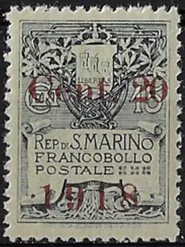 1918 San Marino "Cent. 20 1918" MNH Sassone n. 53