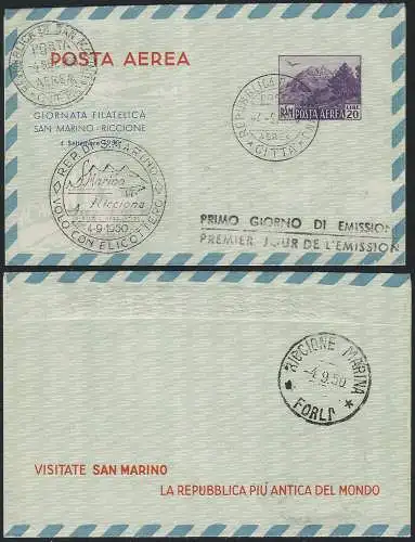 1950 San Marino aerogrammi RSM/Riccione L.20 annullato FDC Filagrano EP3 var.