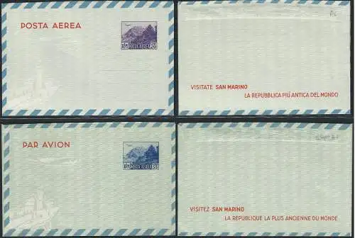 1950 San Marino aerogrammi monte Titano L. 20 e L. 55 2v. MNH Filagrano A1/2