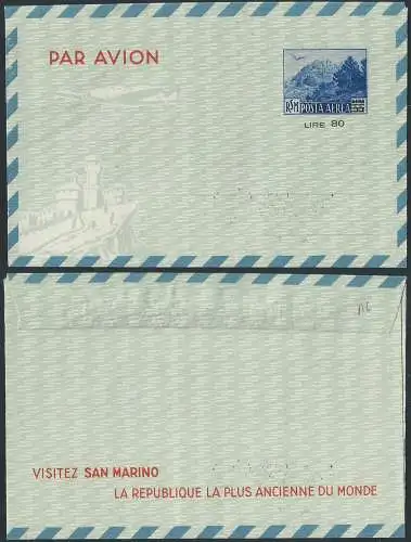 1951 San Marino Aerogramma monte Titano sopr. L. 80 su L. 55 Filagrano A6