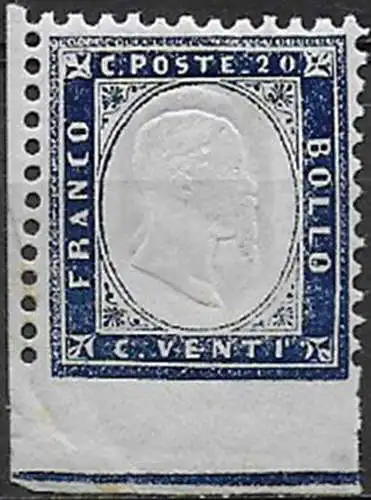 1862 Italia VE II 20c. indaco NP in basso af MNH Sassone n. 2I