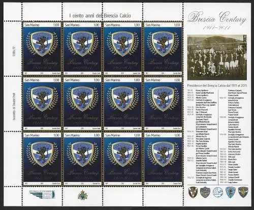 2011 San Marino Brescia Calcio centenary MS MNH Unificato n. 2329