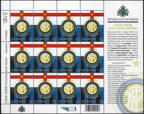 2008 San Marino Inter Centenary MS MNH Unificato n. 2173