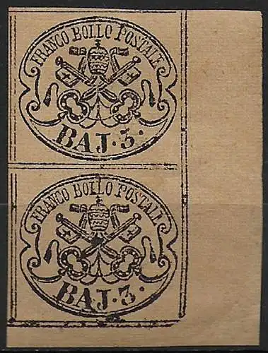 1863 Stato Pontificio 3 baj brown pair MNH Sassone n. 4Aa