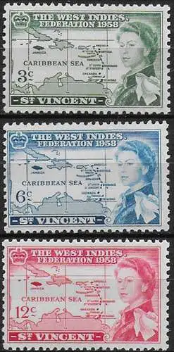 1958 St Vincent British Caribbean Federation 3v. MNH SG n. 201/03