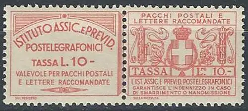 1936 Italia Assicurativi Lire 10 vermiglio MNH Sassone n.16