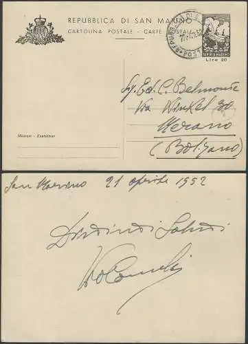 1951 San Marino cartoline postali Tre Penne Lire 20 nero US Filagrano C26