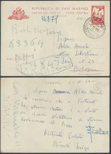 1954 San Marino cartoline postali L. 20 rosso US Filagrano C27