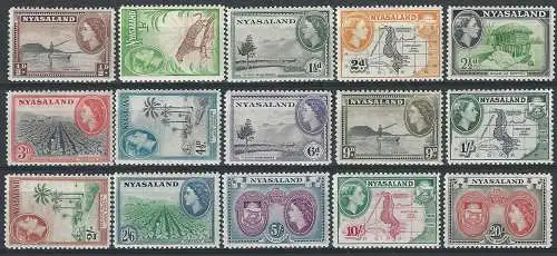 1953-54 Nyasaland Elizabeth II 15v. MNH SG n. 173/87