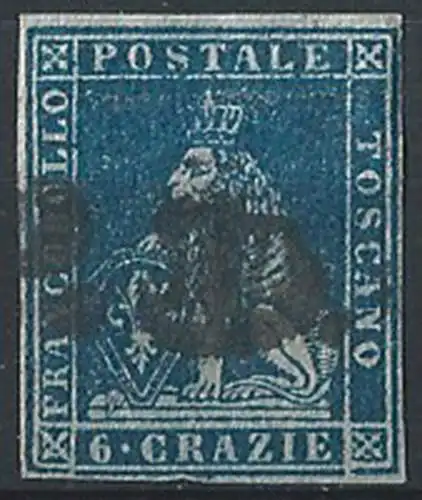 1851 Toscana 6 crazie azzurro scuro cancelled Sassone 7c euro 650,00