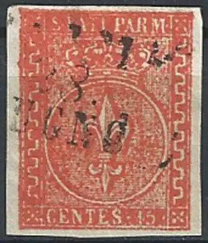 1853 Parma 15c. vermiglio canceled Sassone n. 7