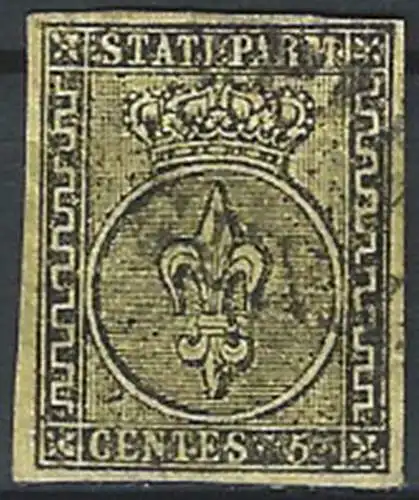 1852 Parma 5c. giallo arancio cancelled Sassone n. 1