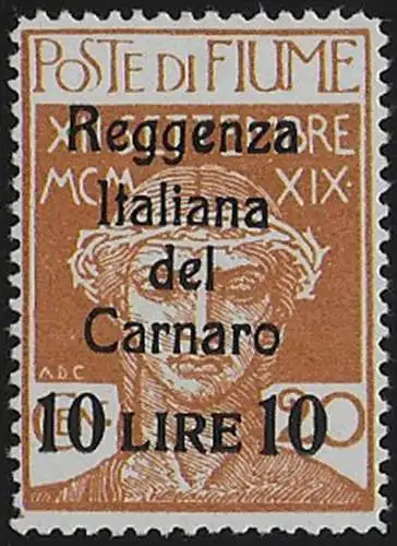 1920 Fiume 10 Lire su 20c. ocra nuovo tipo MNH Sassone n. 146A