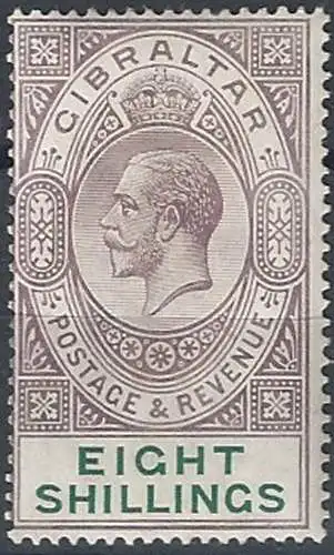 1912 Gibilterra Giorgio V 8s. dull purple and green MNH SG n. 84