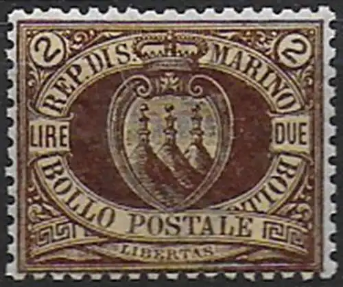 1894 San Marino Coat of Arms L. 2 brown on orange bc MNH Sassone n. 21