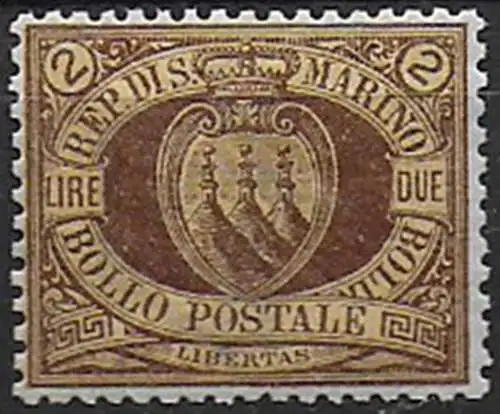 1894 San Marino Coat of Arms L. 2 brown on yellow bc MNH Sassone n. 21a