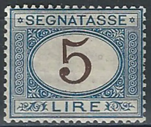 1874 Italia segnatasse Lire 5 azzurro bruno bc MNH Sassone n. 13