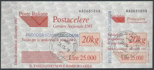 1997 Italia Postacelere L. 20.000 sopr. cancelled Sassone n. 6a