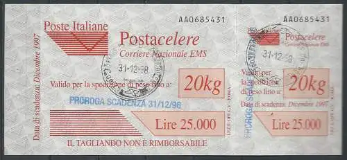 1998 Italia Postacelere L. 20.000 proroga cancelled Sassone n. 9a