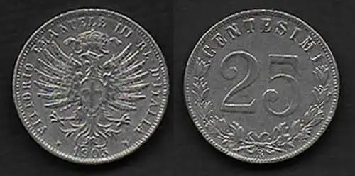 1903 Italia VE III 25c. Aquila Sabauda in nichelio SPL