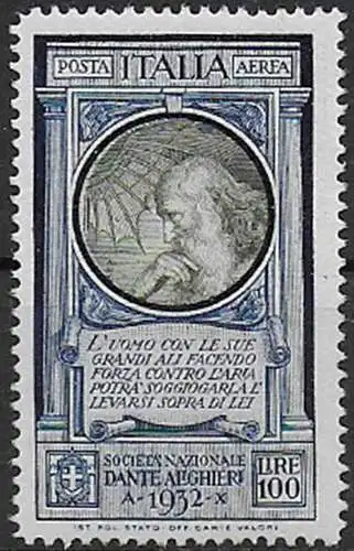 1932 Italia Dante Lire 100 Leonardo thin paper MNH Sassone n. 41a