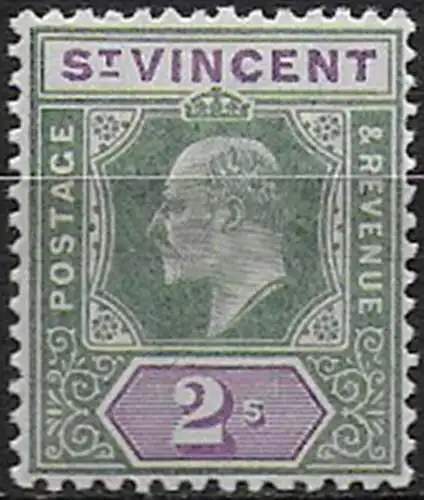 1902 St Vincent Edward VII 2s. green and violet MNH SG n. 83