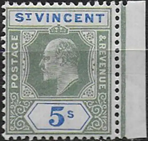 1902 St Vincent Edward VII 5s. green and blue MNH SG n. 84