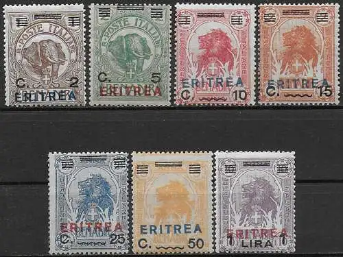 1924 Eritrea Elephant and Lion 7v. mc MNH Sassone n. 80/86