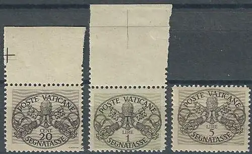 1946 Vaticano postage due grey paper 3v. MNH Sassone n. 14I/18I