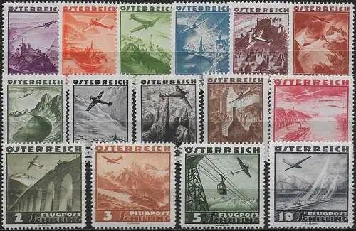 1935 Austria landscapes and aircraft 15v. airmail MNH Unificato n. 32/46