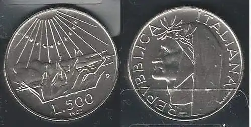 1965 Italia Lire 500 Dante Alighieri silver FDC-BU