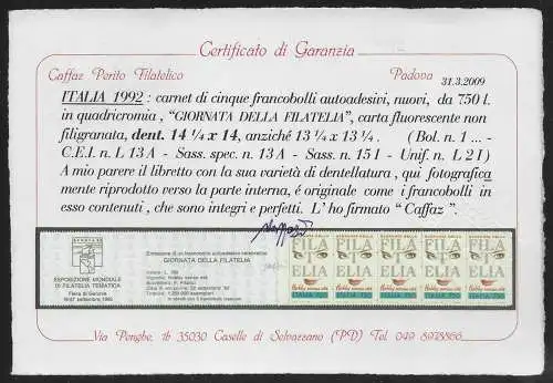 1992 Italia Philately Day booklet p. 14 MNH Sassone n. 15/I