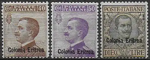 1916 Eritrea VE III ordinary stamps optd 3v. MNH Sassone n. 38/40