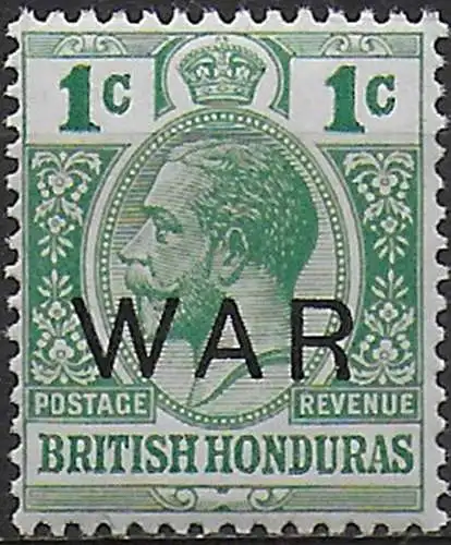 1918 Bitish Honduras 1c. WAR blue-green MNH SG n. 119
