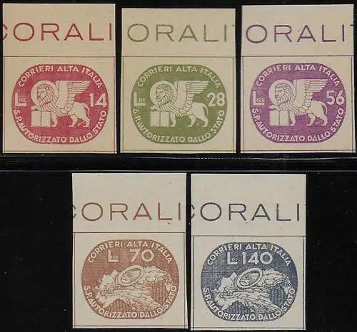 1945 Luogotenenza CORALIT St Mark's lion 5v. bf MNH Sassone n. 3/7