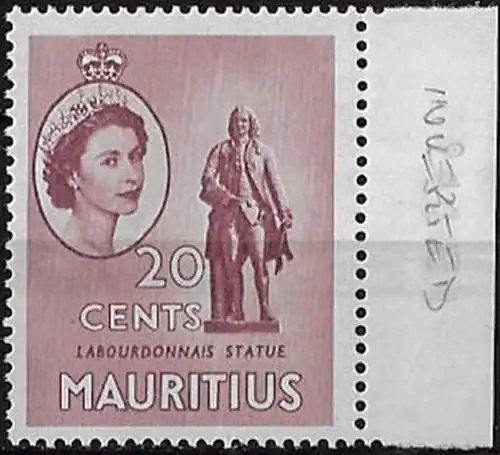 1953 Mauritius 20c. brown-purple Wmk inverted MNH SG n. 299w
